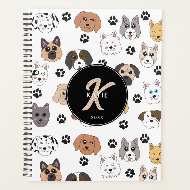 Colourful Cute Funny Dogs & Dog Paw Monogram Planner (Front)