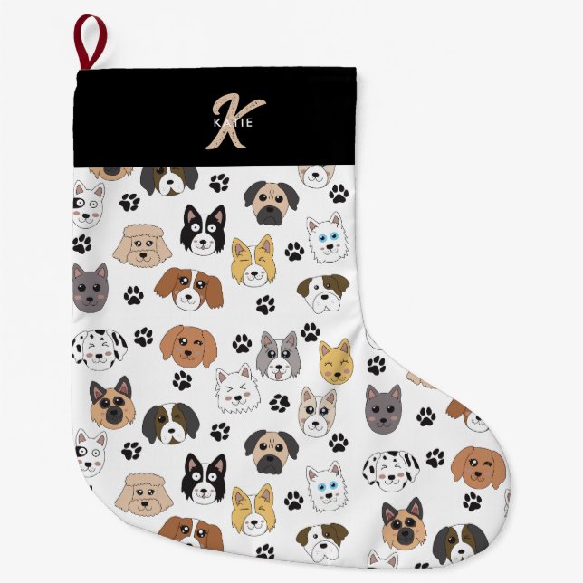 Colourful Cute Funny Dogs & Dog Paw Pattern Large Christmas Stocking (Front)