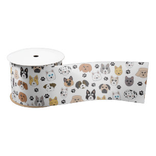 Colourful Cute Funny Dogs & Dog Paw Pattern Satin Ribbon