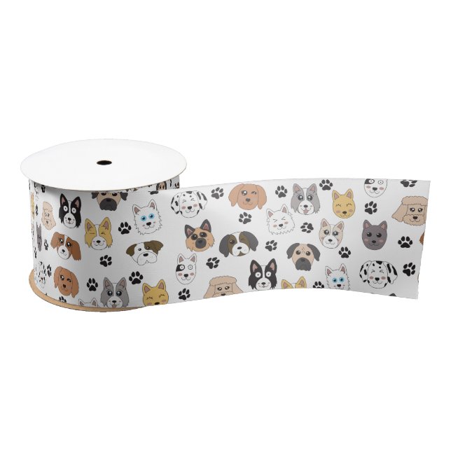 Colourful Cute Funny Dogs & Dog Paw Pattern Satin Ribbon (Spool)