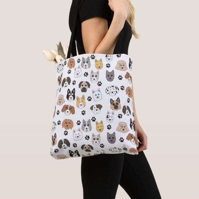 Colourful Cute Funny Dogs & Dog Paw Pattern Tote Bag (Close Up)