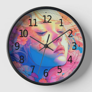 Colourful Cute Girl Surrounded by Flowers Artwork Clock