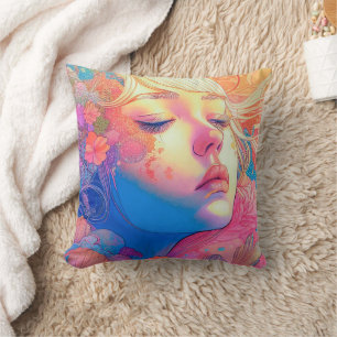Colourful Cute Girl Surrounded by Flowers Artwork Cushion