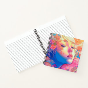 Colourful Cute Girl Surrounded by Flowers Artwork Notebook