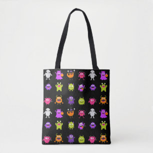 Colourful Cute Halloween Monsters on Black Tote Bag