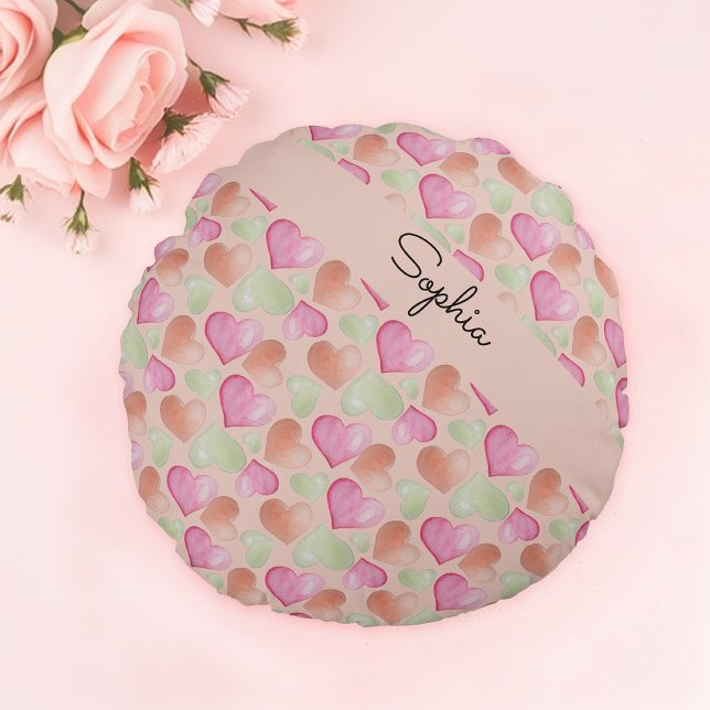 Colourful Cute Hearts Watercolor Pattern Round Cushion (Creator Uploaded)