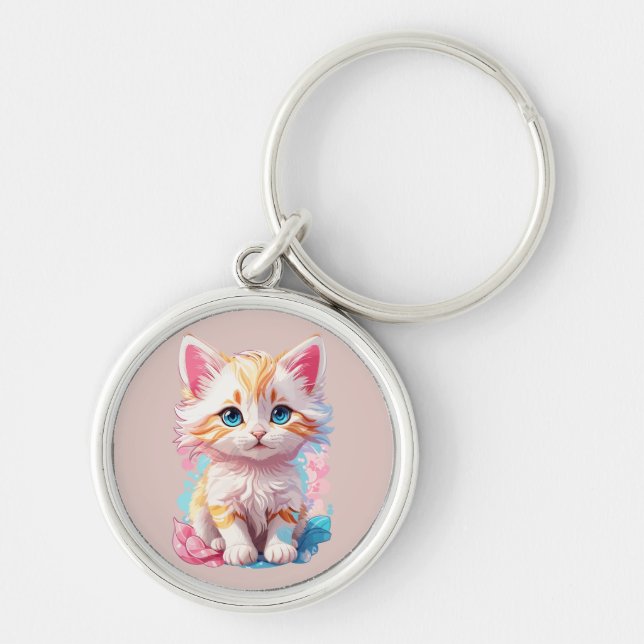 Colourful Cute Kawaii Kitten Key Ring (Front)