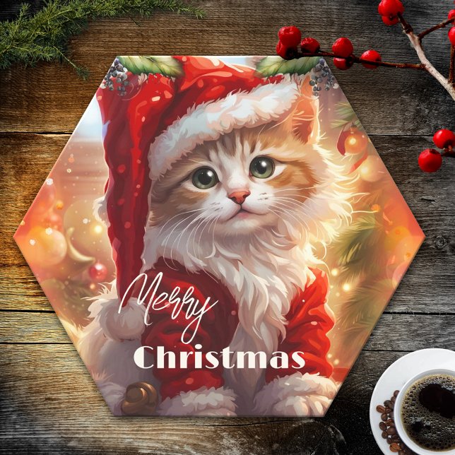 Colourful Cute Kitten Christmas Paper Coaster (Paper coaster featuring a cute kitten in Christmas outfit.)
