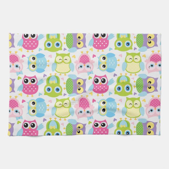 Colourful cute little owls pattern tea towel (Horizontal)