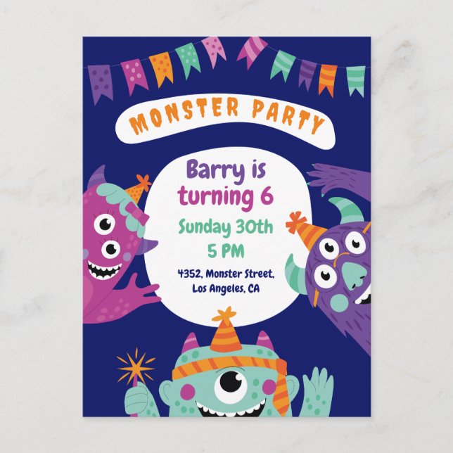 Colourful Cute Monsters Birthday Invitation Card (Front)