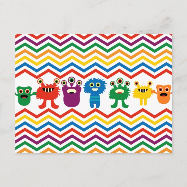 Colourful Cute Monsters Fun Chevron Striped Patter Postcard (Front)