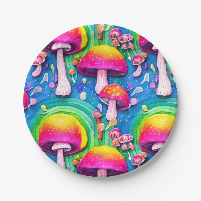 Colourful Cute Mushroom Seamless Pattern Paper Plate (Front)