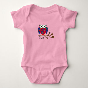 Colourful Cute Owl on Branch with Brown Leaves Baby Bodysuit