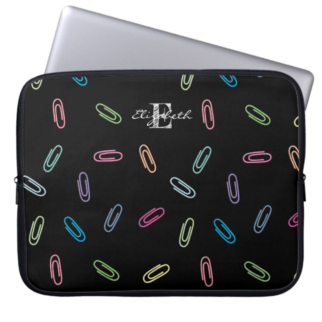Colourful Cute Pastel Paper Clips Pattern Monogram Laptop Sleeve (Front)