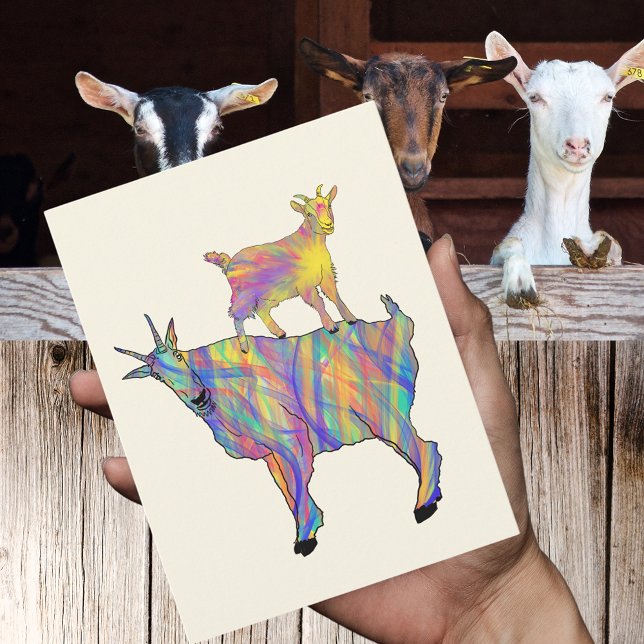 Colourful Cute Psychedelic Goats Farm Animal Art Postcard (Cute goats standing on things colorful farm animal art watercolor postcard)
