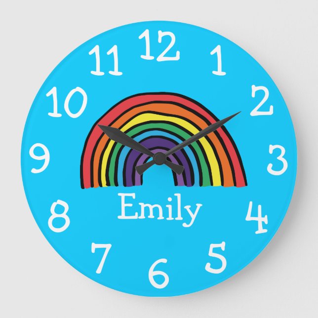 Colourful Cute Rainbow Personalised Name Large Clock (Front)