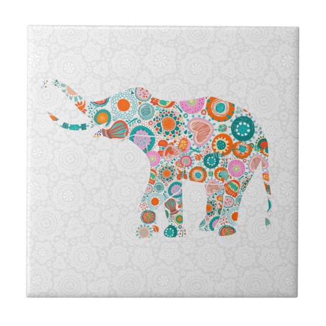 Colourful Cute Retro Floral Elephant 4 Tile (Front)