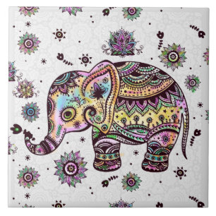 Colourful Cute Retro Floral Elephant Tile