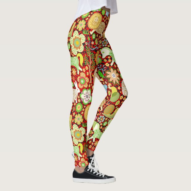 Colourful Cute Retro Flowers & Animals Pattern Leggings (Right)