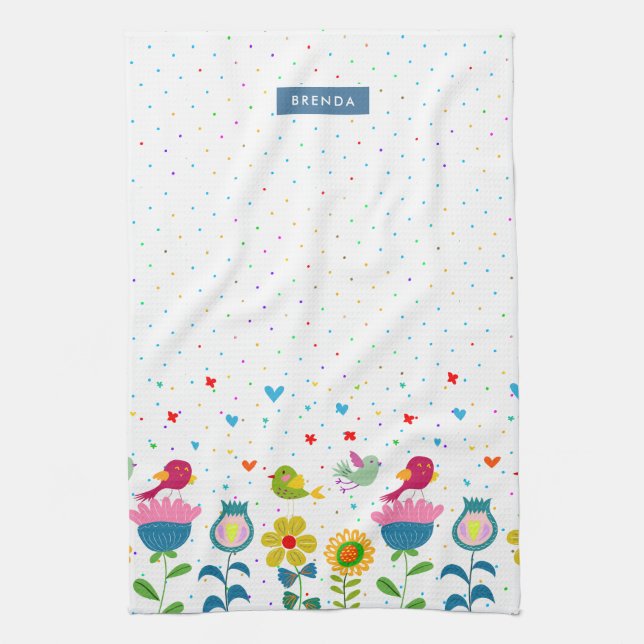 Colourful cute retro flowers & birds tea towel (Vertical)