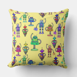 Colourful cute robots on a yellow background cushion