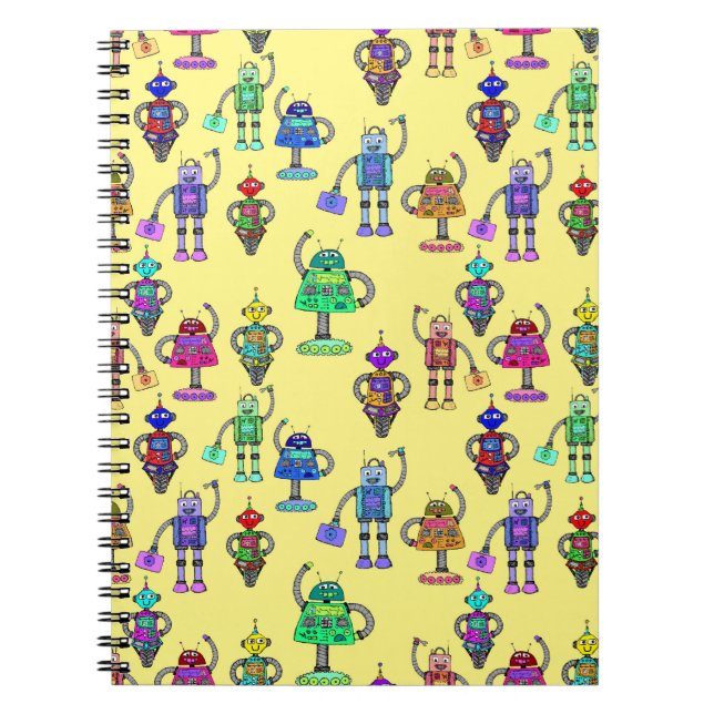 Colourful cute robots on a yellow background spiral notebook (Front)
