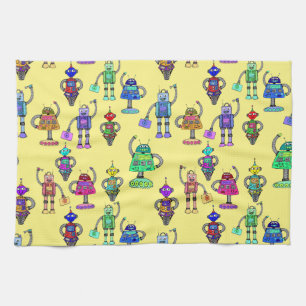 Colourful cute robots on a yellow background tea towel