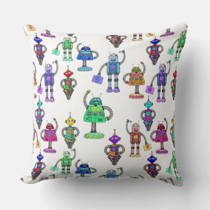 Colourful cute robots on white background cushion