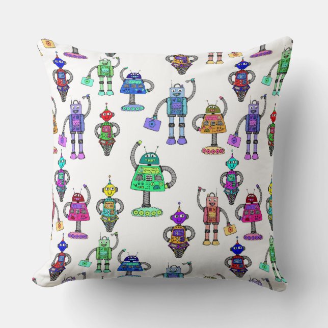 Colourful cute robots on white background cushion (Front)