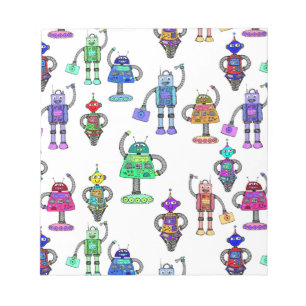 Colourful cute robots on white background notepad