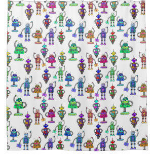 Colourful cute robots on white background shower curtain