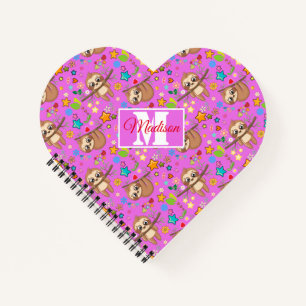 Colourful Cute Sloth Pattern Add Your Name Heart Notebook