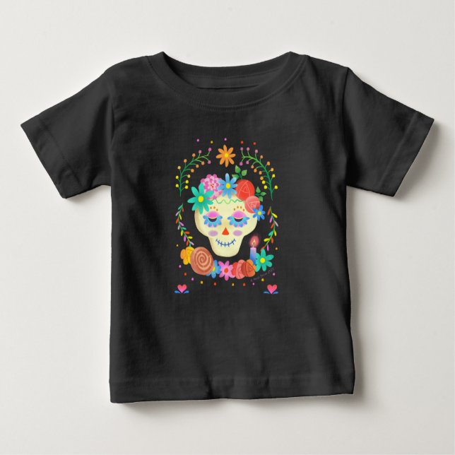 Colourful Cute Sugar Skull Día de los Muertos Baby T-Shirt (Front)