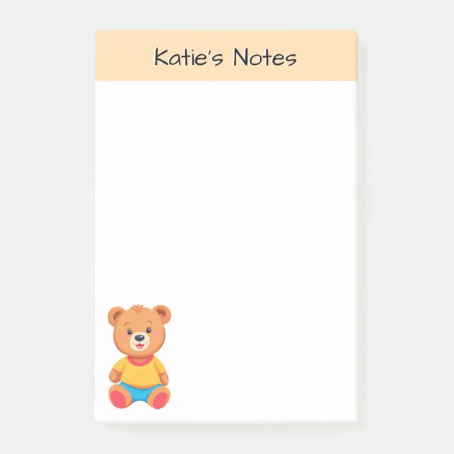 Colourful Cute Teddy Bear Custom Name Kids Post-it Notes (Front)