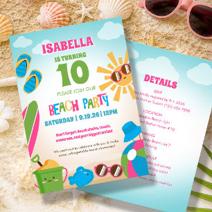 Colourful Cute Theme Beach Birthday Party Invitation