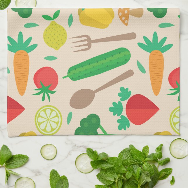 Colourful Cute Vegetable Pattern  Tea Towel (Folded)