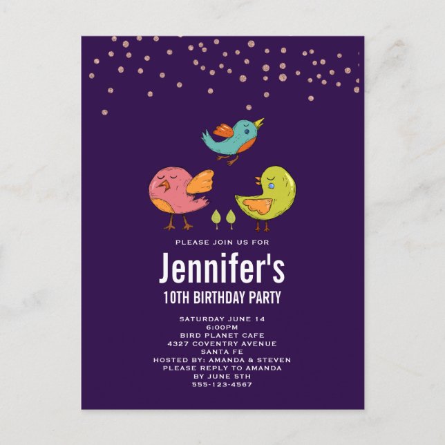 Colourful Cute Whimsical Birds Birthday Postcard (Front)