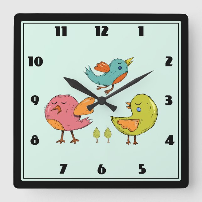 Colourful Cute Whimsical Birds Square Wall Clock (Front)