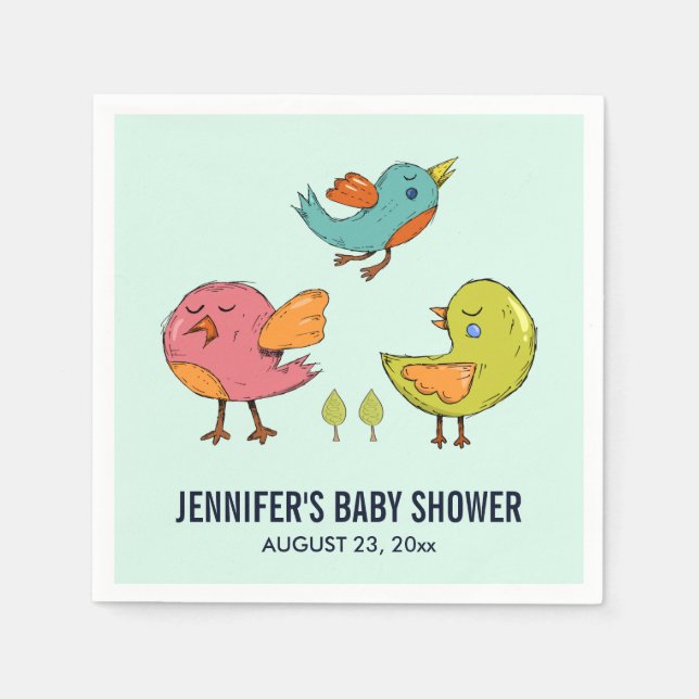 Colourful Cute Whimsical Birds Trio Baby Shower Napkin (Front)