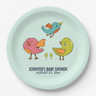 Colourful Cute Whimsical Birds Trio Baby Shower Paper Plate