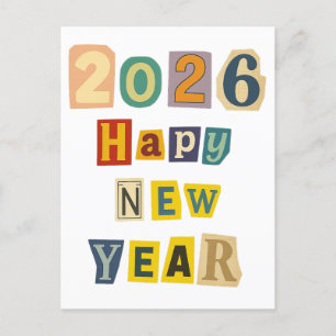 Colourful Cutout "2026 Happy New Year" Collage Invitation Postcard