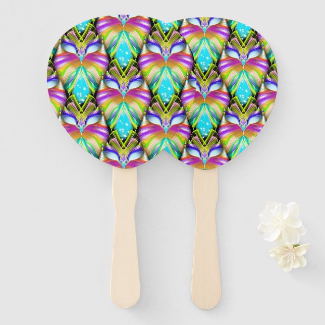 Colourful Cyan and Black Oracle Owl Pattern Hand Fan (Front and Back)