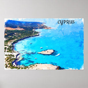 Colourful Cyprus Coastal Scenery Watercolor Travel Poster
