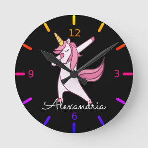 Colourful Dabbing Unicorn Round Clock