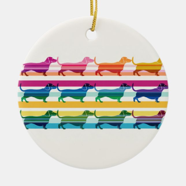 Colourful Dachshund Pattern Retro Stripes Ceramic Tree Decoration (Front)