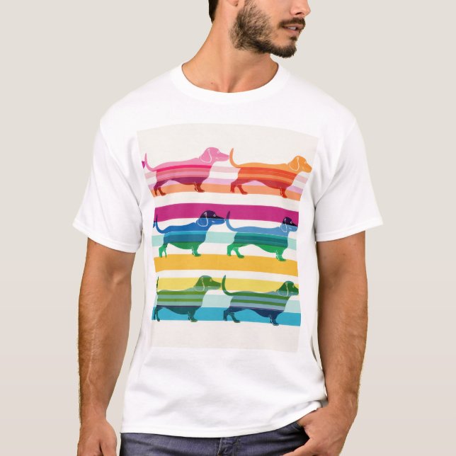 Colourful Dachshund Pattern Retro Stripes T-Shirt (Front)