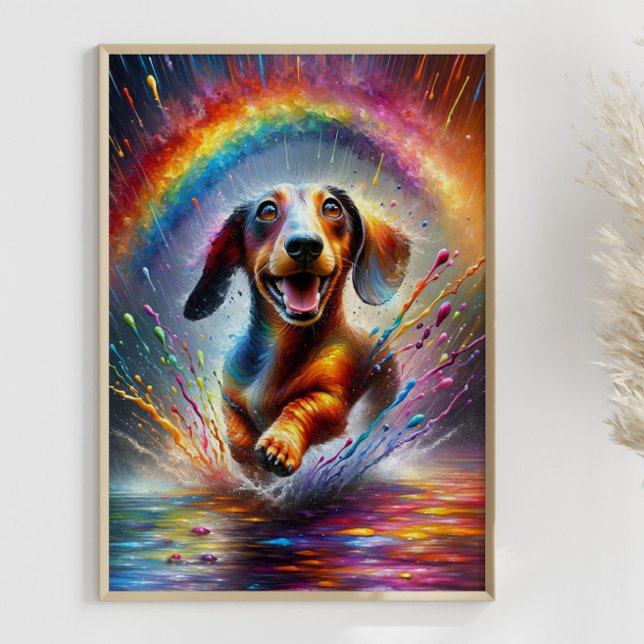 Colourful Dachshund Rainbow Splatter Weener Dog Poster (Framed example)