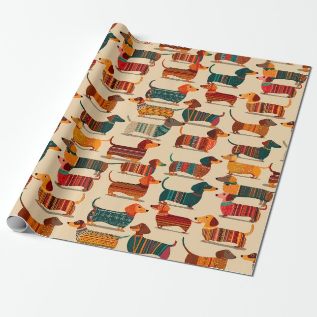 Colourful Dachshund Sweater Pattern Wrapping Paper (Unrolled)