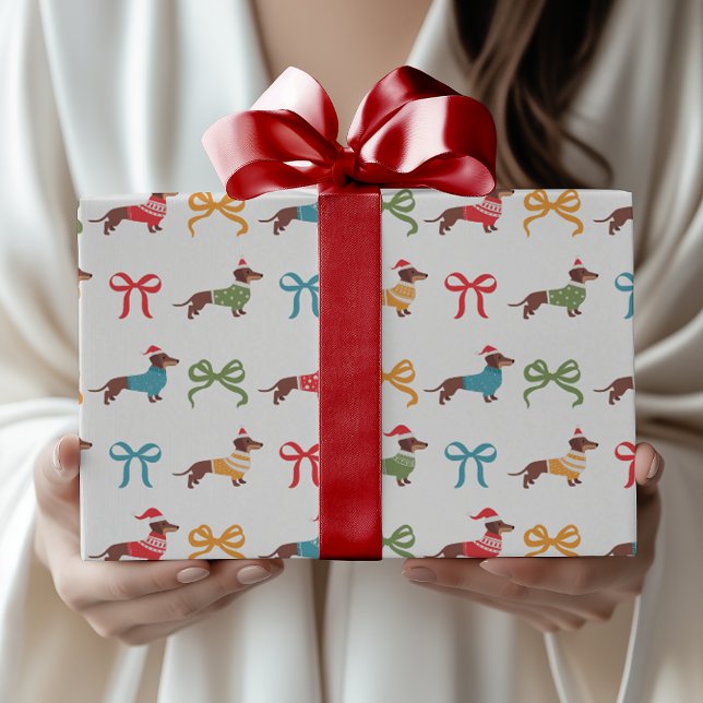 Colourful Dachshunds & Bows Festive Christmas Wrapping Paper (Creator Uploaded)