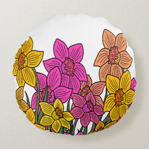Colourful Daffodils Flowers Design Round Cushion